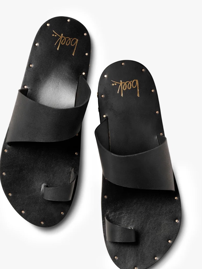 Beek Black Studded Leather Toe-Loop Slide Sandals